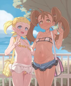 2girls bag bare_shoulders beach belly bikini blonde_hair blue_eyes blue_shorts blue_sky blurry blurry_background blush bonnie_(pokemon) breasts brown_hair closed_mouth collarbone cowboy_shot dark-skinned_female dark_skin day eyepatch_bikini handbag highres long_hair multiple_girls navel nintendo ocean open_mouth outdoors pokemon pokemon_xy shauna_(pokemon) shirt short_hair short_shorts short_side_ponytail shorts sky small_breasts smile standing sweat swimsuit teeth tenako_(mugu77) tongue tree twintails upper_teeth_only v white_bikini white_shirt yellow_eyes