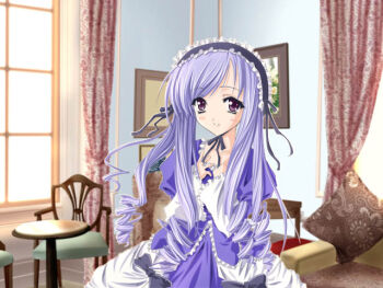 Rule 34 | 1girl, aria (sister princess), bad id, black bow, black hairband, black ribbon, bow, chair, closed mouth, curtains, dress, dress bow, drill hair, frilled bow, frilled dress, frilled hairband, frills, hairband, hands on own chest, hands up, indoors, juliet sleeves, long hair, long sleeves, looking at viewer, low drills, painting (object), picture frame, puffy sleeves, purple dress, purple eyes, purple hair, ribbon, shingo (missing link), sister princess, smile, solo, standing, table, upper body, window