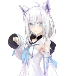 1girl 3d ahoge animal_ears animated armpits blue_eyes blush braid breasts detached_sleeves fox_ears hair_ribbon hololive long_hair looking_at_viewer official_art onda_(nac_nac) paw_pose ribbon shirakami_fubuki shirakami_fubuki_(1st_costume) side_braid silver_hair simple_background small_breasts solo video virtual_youtuber white_background winking_(animated)