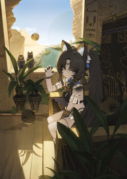 1girl :3 absurdres ancient_egyptian animal_ear_fluff animal_ears between_legs black_hair black_panties blue_sky bow breasts brown_eyes claw_pose closed_mouth cloud commentary_request day desert hair_bow hand_between_legs hand_up hieroglyphics highleg highleg_panties highres indoors long_hair looking_at_viewer medium_breasts original panties parted_bangs pyramid_(structure) river romana sand sitting sky solo stairs stone_stairs throne twintails underwear very_long_hair water white_bow