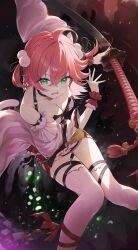 Rule 34 | 1girl, breasts, cleavage, green eyes, hololive, looking at viewer, open mouth, pink hair, sakura miko, solo, sword, weapon