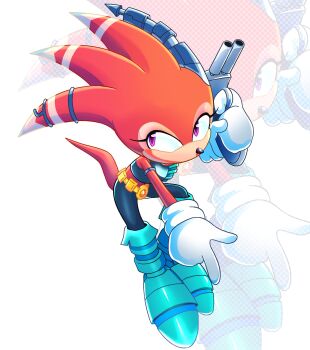 1girl alternate_costume animal_nose armlet belt black_leggings black_shirt blue_boots body_fur boots cosplay crop_top cyborg female_focus finger_gun finger_on_trigger full_body furry furry_female gloves gun hand_up handgun highres holding holding_gun holding_weapon jewelry julie-su julie-su_(cosplay) knee_boots leggings long_hair looking_back midriff multicolored_fur multicolored_hair outstretched_arm pink_fur pink_hair purple_eyes red_fur red_hair shade_the_echidna shirt skin_tight sleeveless sleeveless_shirt solo sonic_(series) sonic_chronicles:_the_dark_brotherhood sonic_the_hedgehog_(archie_comics) standing stellarspin tail two-tone_hair weapon white_background white_gloves zoom_layer