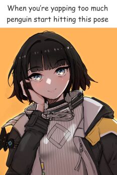 1girl absurdres arknights arknights:_endfield black_hair black_jacket blue_eyes endministrator_(arknights) english_text highres jacket lightlifel_18 looking_at_viewer meme open_clothes short_hair simple_background smile solo upper_body yellow_background