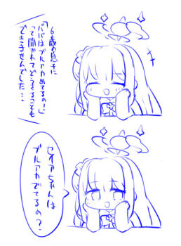 +++ 1girl :d ^_^ blue_archive blue_theme blush bow capelet chibi closed_eyes halo hands_up long_hair mika_(blue_archive) miranofuudoria monochrome open_mouth simple_background sketch smile translation_request upper_body white_background