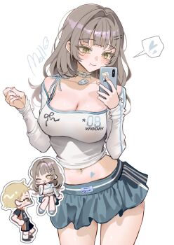 1boy 1girl artist_name blush breasts brown_hair cellphone character_request chibi choker choppy_bangs cleavage closed_mouth clothes_writing commentary commission copyright_request cowboy_shot crop_top cropped_shirt fingernails green_eyes grey_choker grey_skirt hair_intakes hair_ornament hairclip hands_up heart highres holding holding_phone large_breasts long_hair long_sleeves mell_(dmwe3537) microskirt midriff mole mole_under_mouth navel off-shoulder_shirt off_shoulder parallel_hairclips phone print_shirt shirt skirt smartphone solo_focus speech_bubble spoken_heart standing white_shirt