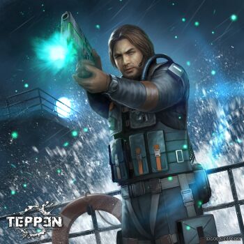 Rule 34 | 1boy, beard, belt, brown hair, bulletproof vest, capcom, facial hair, glowing, glowing eyes, green eyes, gun, handgun, highres, kuroiwa enu, lifebuoy, microphone, mullet, night, ocean, official art, parker luciani, pistol, rain, resident evil, resident evil: revelations, scuba gear, ship, splashing, spotlight, swim ring, teppen, utility belt, watch, watercraft, waves, weapon, wristwatch