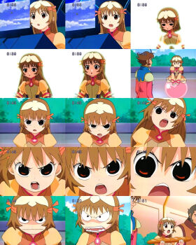 &gt;:o &gt;:| 00s 1girl 2boys :o :| age_difference angry anime_screenshot antenna_hair ball beard breasts brown_hair clock clockshow close-up closed_mouth cloud collage constricted_pupils day facial_hair floating_screen food glasses grey_hair hair_ribbon holding long_hair looking_at_viewer multiple_boys multiple_views pince-nez puffy_sleeves ra_kan re_mii red_eyes ribbon ron_mangan short_hair shouting sideburns sitting sky small_breasts surprised teeth tree tress_ribbon v-shaped_eyebrows zoids zoids_genesis