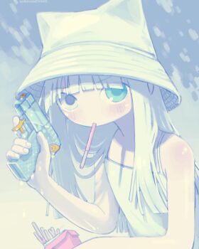 1girl animal_ears blush bucket_hat cat_ears commentary dappled_sunlight dripping english_commentary food food_in_mouth green_eyes hat hat_with_ears heterochromia highres holding holding_food holding_pocky holding_water_gun holding_weapon kurohanenone looking_at_viewer outdoors pocky pocky_in_mouth pocky_strawberry shimeji_simulation spaghetti_strap straight_hair summer sunlight the_gardener_(shimeji_simulation) water_gun weapon white_eyes white_hair white_hat