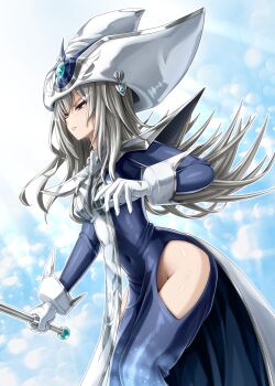 1girl breasts closed_mouth clothing_cutout commentary_request duel_monster gloves grey_hair hair_between_eyes hat highres hip_vent holding holding_staff long_sleeves no_panties nokia_(nm) silent_magician smile solo staff white_gloves white_hat yu-gi-oh!