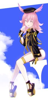 1girl alternate_breast_size_(smaller) beret black_gloves black_hat black_jacket black_one-piece_swimsuit blue_sky breasts choker cleavage_cutout closed_eyes clothing_cutout fate/grand_order fate_(series) food full_body gloves hat head_wings highleg highleg_one-piece_swimsuit highres hildr_(fate) hildr_(swimsuit_assassin)_(fate) hood hooded_jacket ice_cream ice_cream_cone jacket long_hair long_sleeves one-piece_swimsuit open_clothes open_jacket pink_hair sitting sky small_breasts swimsuit thigh_strap tongue tongue_out valkyrie_(fate) wings yubeshi_(zecxl)