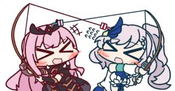 >_< 2girls aka_shiba animated black_cape blush breasts cape chibi clothing_cutout feather_hair_ornament feathers fishing_rod hair_ornament holding holding_fishing_rod hololive hololive_english hololive_indonesia large_breasts laughing minecraft mori_calliope multiple_girls open_mouth pavolia_reine pink_hair pulling side_ponytail silver_hair spikes stomach_cutout tiara video virtual_youtuber white_background