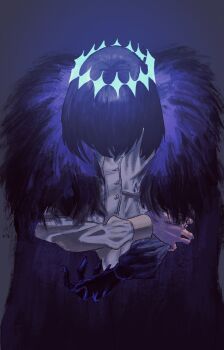 1boy asymmetrical_sleeves awapontasu bent_over black_cape black_hair cape coat commentary_request cowboy_shot crown fate/grand_order fate_(series) fur-trimmed_coat fur_trim highres looking_down male_focus oberon_(fate) oberon_(third_ascension)_(fate) solo