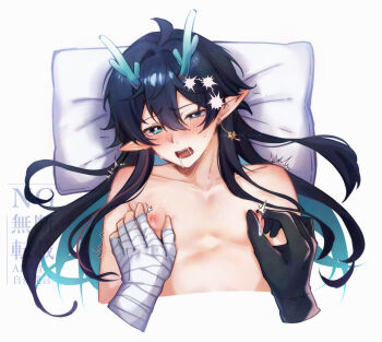 2boys absurdres aqua_eyes aqua_hair bandaged_hand bandages black_gloves black_hair colored_inner_hair dan_heng_(honkai:_star_rail) dan_heng_(imbibitor_lunae)_(honkai:_star_rail) dragon_boy dragon_horns earrings gloves hair_between_eyes highres honkai:_star_rail honkai_(series) horns jewelry long_hair lying male_focus momochiwood multicolored_hair multiple_boys nipples open_mouth pillow pointy_ears saliva topless_male yaoi