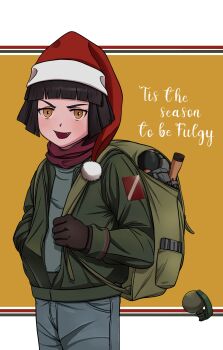 1girl absurdres backpack bag christmas commentary english_commentary english_text explosive fang fulgora_(polilla) gloves grenade grey_pants grey_shirt hand_in_pocket hat highres jacket looking_at_viewer orange_eyes original pants polivia redpillow091 santa_hat scarf shirt short_hair smile stick_grenade
