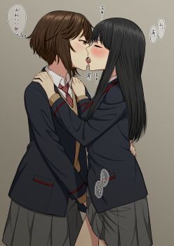 2girls absurdres black_hair black_jacket brown_eyes brown_hair brown_sweater commentary_request fingering french_kiss grey_skirt hand_on_another's_waist hands_on_another's_shoulders highres jacket kiss long_hair looking_at_another multiple_girls original pleated_skirt ryuusa short_hair skirt speech_bubble sweater thought_bubble tongue tongue_out translation_request yuri