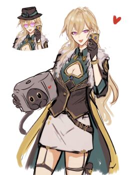 1girl animal aventurine_(honkai:_star_rail) black_coat black_gloves black_hat black_vest blonde_hair breasts cake_cat_(honkai:_star_rail) cellphone cleavage coat collared_shirt commentary_request fur-trimmed_coat fur_trim genderswap genderswap_(mtf) gloves green_shirt grey_skirt hair_between_eyes hand_up hat heart highres holding holding_animal holding_phone honkai:_star_rail honkai_(series) jhenny345 long_hair looking_at_viewer medium_breasts multiple_views neck_tattoo open_mouth phone purple-tinted_eyewear purple_eyes shirt skirt smartphone smile spanish_commentary sunglasses tattoo tinted_eyewear trailblazer_(honkai:_star_rail) trailblazer_(trash_cake)_(honkai:_star_rail) vest