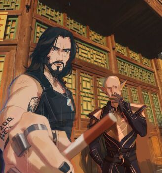 2boys architecture bald beard cigarette corvuscorv1d cyberpunk_(series) cyberpunk_2077 dog_tags dragon_age dragon_age:_the_veilguard east_asian_architecture elf facial_hair highres holding holding_cigarette johnny_silverhand looking_at_viewer mechanical_arms multiple_boys parody pointy_ears prosthesis prosthetic_arm single_mechanical_arm smoking solas