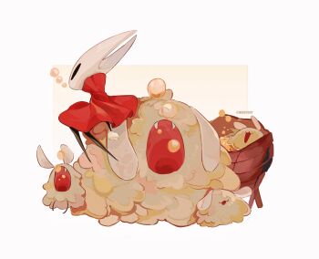 1girl arthropod_girl black_eyes border cloak commentary fangs flea_(hollow_knight) full_body hashtag-only_commentary highres hightguy hollow_knight hollow_knight:_silksong hornet_(hollow_knight) horns huge_flea_(hollow_knight) outside_border red_cloak sitting symbol-only_commentary white_border