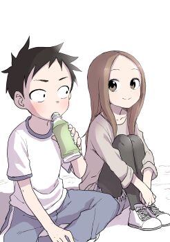 Rule 34 | 1boy, 1girl, absurdres, black hair, black pantyhose, blue pants, blue shorts, blush, bottle, brown eyes, brown hair, brown shirt, closed mouth, commentary request, forehead, gym shirt, hand up, highres, holding, holding bottle, hugging own legs, karakai jouzu no takagi-san, knees up, pantyhose under shorts, long sleeves, nishikata, official art, pants, pantyhose, parted bangs, shirt, shoes, short shorts, short sleeves, shorts, sitting, smile, takagi-san, track pants, water bottle, white background, white footwear, white shirt, yamamoto souichirou