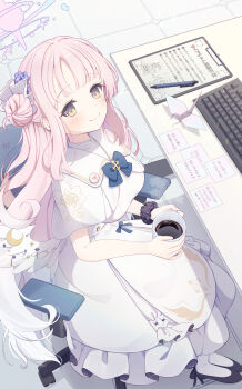 1girl absurdres angel_wings blue_archive blue_bow blue_bowtie blush bow bowtie breasts chair clipboard closed_mouth coffee computer_keyboard cup dress feathered_wings flower gold_trim gradient_hair hair_bun hair_flower hair_ornament halo highres holding holding_cup long_hair looking_at_viewer low_wings matchamassa medium_breasts mika_(blue_archive) multicolored_hair on_chair origami paper_crane pen pink_hair pink_halo scrunchie single_hair_bun single_side_bun sitting smile solo very_long_hair white_dress white_hair white_wings wing_ornament wings wrist_scrunchie yellow_eyes