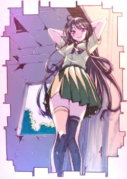 1girl arms_behind_head arms_up black_hair black_necktie black_thighhighs blush boku_wa_tomodachi_ga_sukunai broken_tile ceiling closed_mouth commentary_request crack cracked_wall feet_out_of_frame from_below green_skirt grey_shirt highres indoors long_hair looking_at_viewer mikazuki_yozora necktie official_artist_extra pleated_skirt purple_eyes school_uniform shirt short_sleeves skirt smile solo st._chronica_academy_school_uniform summer_uniform thighhighs tile_ceiling tiles very_long_hair watanabe_yoshihiro window