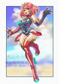 adapted_costume breasts gloves highres large_breasts multicolored_hair one-piece_swimsuit oomasa_teikoku pyra_(pro_swimmer)_(xenoblade) pyra_(xenoblade) red_one-piece_swimsuit ribbed_swimsuit strapless strapless_one-piece_swimsuit streaked_hair swimsuit xenoblade_chronicles_(series) xenoblade_chronicles_2