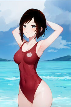 1girl armpits arms_behind_head beach black_hair blush breasts cleavage covered_navel grey_eyes highres legs looking_at_viewer ocean one-piece_swimsuit ruby_rose rwby seductive_smile short_hair small_breasts smile swimsuit thick_thighs thighs water wide_hips