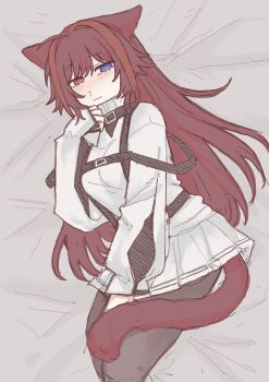 1girl :3 ???_(assault_lily) animal_ears assault_lily bed_sheet blue_eyes blush breasts brown_pantyhose cat_ears cat_girl cat_tail chest_harness closed_mouth commentary cowboy_shot double_horizontal_stripe gatti_love half-closed_eyes hand_on_own_thigh hand_up harness heterochromia highres kemonomimi_mode light_smile long_hair long_sleeves looking_at_viewer lying medium_breasts miniskirt on_side pantyhose red_eyes red_hair shirt skirt sleeves_past_wrists solo striped_clothes striped_skirt tail turtleneck turtleneck_shirt very_long_hair white_shirt white_skirt