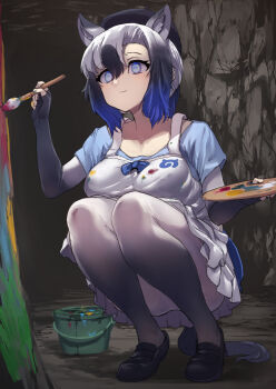 Rule 34 | 1girl, animal ears, apron, beret, black hair, black hat, black shoes, blue eyes, blue hair, blue shirt, blush, cave, elbow gloves, extra ears, fingerless gloves, gloves, gradient gloves, gradient pantyhose, grey gloves, grey pantyhose, hair between eyes, hat, horse ears, horse girl, horse tail, japari symbol, kemono friends, loafers, paint palette, paint stains, paintbrush, painting (action), pantyhose, pleated skirt, shirt, shoes, short sleeves, sidelocks, skirt, solo, squatting, t-shirt, tadano magu, tail, tarpan (kemono friends), white apron, white gloves, white hair, white pantyhose, white skirt