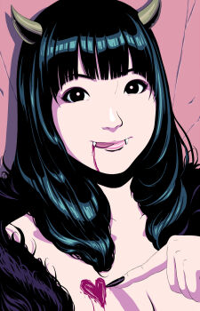 1girl black_eyes black_hair blood blood_from_mouth breasts cleavage commentary_request demon_horns fangs fingernails fur_trim highres horns licking_lips medium_breasts original pink_lips portrait sakkan scratches sharp_fingernails solo tongue tongue_out