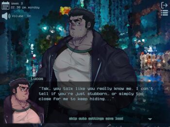 bara beard_stubble city dialogue_box facial_hair jacket long_sleeves lucas_lee male_focus muscular muscular_male night non-web_source open_clothes open_jacket pants scott_pilgrim_(series) scott_pilgrim_takes_off shirt short_hair solo stubble sweat visual_novel white_shirt