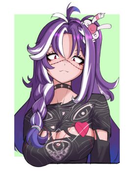 1girl absurdres ahoge black_choker black_shirt braid braided_ponytail breasts choker cleavage eye_print hair_over_one_eye highres jared_(michi_mochievee) looking_at_viewer medium_breasts michi_mochievee michi_mochievee_(1st_costume) multicolored_hair purple_hair red_eyes shirt sioell solo streaked_hair virtual_youtuber vshojo white_hair