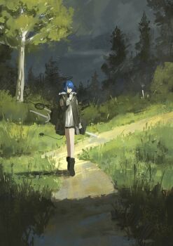 1girl ankle_boots arknights black_boots black_coat black_dress blue_hair boots closed_eyes coat commentary_request dress food_in_mouth full_body fur-trimmed_coat fur_trim gloves grey_sky halo highres hill honey long_hair lunifish mostima_(arknights) outdoors path road shirt sky solo staff tail tree walking weapon weapon_on_back white_gloves white_shirt