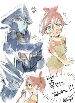 Rule 34 | 1boy, 1girl, absurdres, android, asagi marin, bare shoulders, blush, brigadoon, brown hair, closed mouth, colored skin, flying sweatdrops, glasses, green eyes, green skin, hair between eyes, hatching (texture), highres, long hair, looking at another, melan blue, mugitarou, open mouth, ponytail, red eyes, science, simple background, sketch, slit pupils, sweat, sweatdrop, twitter username, white background