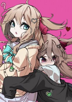 2girls ? ahoge badge black_cardigan blue_bow blue_bowtie blue_eyes blue_sailor_collar blue_skirt bow bowtie broken_heart broken_heart_hair_ornament brown_hair button_badge cardigan closed_mouth commentary english_commentary evil_neuro-sama from_side hair_between_eyes hair_ornament hair_ribbon heart heart_hair_ornament highres hug long_hair long_sleeves miniskirt multiple_girls neuro-sama off-shoulder_cardigan pink_background pink_ribbon red_eyes red_ribbon ribbon sailor_collar shirt short_sleeves siblings simple_background sisters skirt sleeves_past_fingers sleeves_past_wrists teardrop twins two_side_up upper_body vedal_ai virtual_youtuber white45838787 white_shirt yellow_cardigan