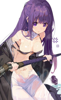 1girl absurdres anger_vein bottle bra breasts coat commentary_request cowboy_shot cut_bangs dress fern_(sousou_no_frieren) hair_ornament highres holding holding_staff long_hair looking_at_viewer mage_staff medium_breasts miyakawa106 navel potion pout purple_eyes purple_hair solo sousou_no_frieren staff straight_hair torn_bra torn_clothes torn_dress underwear wet white_background white_dress