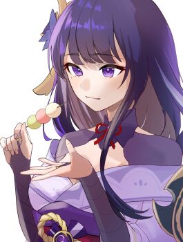 1girl armor asymmetrical_sleeves blunt_bangs breasts bridal_gauntlets cleavage closed_mouth clothing_cutout commentary_request dango fan_hair_ornament flower flower_ornament food genshin_impact hair_ornament highres holding holding_food incoming_food japanese_clothes kimono large_breasts light_smile long_hair mole mole_under_eye multicolored_hair neck_ribbon off_shoulder pinon_pnn purple_eyes purple_flower purple_hair purple_kimono raiden_shogun red_ribbon red_sash ribbon sash shade shoulder_armor shoulder_cutout simple_background solo streaked_hair uneven_sleeves upper_body wagashi white_background wide_sleeves