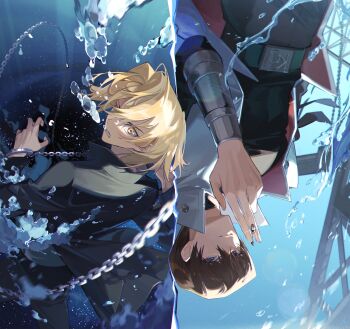 2boys air_bubble asphyxiation attempted_murder belt belt_buckle black_jacket black_pants blonde_hair blue_eyes brown_hair bubble buckle chain clenched_teeth coat commentary cuffs day drowning evil_smile hand_up highres holding holding_key inkerpape jacket jonouchi_katsuya kaiba_seto key looking_at_viewer looking_back male_focus multiple_boys open_clothes open_coat outdoors pants rotational_symmetry scared short_hair sleeveless sleeveless_coat smile splashing split_screen symbol-only_commentary teeth truss two-sided_coat two-sided_fabric underwater upper_body vambraces water white_coat yellow_eyes yu-gi-oh! yu-gi-oh!_duel_monsters