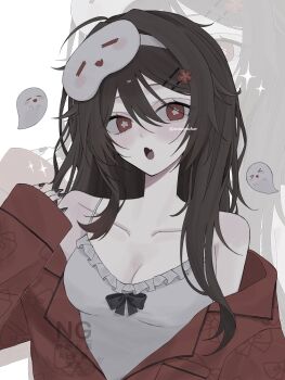 1girl alternate_costume bare_shoulders black_bow black_bowtie black_nails blush boo_tao_(genshin_impact) bow bowtie breasts brown_hair camisole collarbone commentary_request flower flower-shaped_pupils flower_hairpin genshin_impact ghost hair_ornament hairclip highres hu_tao_(genshin_impact) long_hair mihoyo open_mouth pajamas plum_blossoms red_eyes rurusorachan single_sleeve_past_wrist sleep_mask sleepwear small_breasts solo spaghetti_strap sparkle symbol-shaped_pupils white_camisole