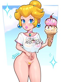 blonde_hair blue_eyes bottomless female_pubic_hair food hair_bun ice_cream ice_cream_cone lipstick makeup mario_(series) nintendo princess_peach pubic_hair pussy see-through_clothes see-through_shirt shirt smile wiluma