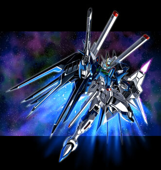 absurdres artist_name blue_eyes commentary_request dual_wielding gun gundam gundam_seed gundam_seed_freedom highres holding holding_gun holding_shield holding_weapon no_humans rising_freedom_gundam science_fiction seed shield shimashun solo universe weapon wings