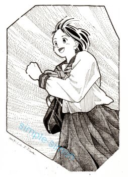 Rule 34 | 1girl, artist name, bag, commentary request, cowboy shot, dated, greyscale, hatching (texture), highres, linear hatching, monochrome, neckerchief, open mouth, original, pleated skirt, running, sailor collar, school uniform, serafuku, shirt, short hair, shoulder bag, skirt, smile, solo, standing, traditional media, zpihr6jprso2r2l