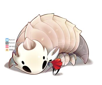 Rule 34 | 1girl, arthropod girl, artist name, bell beast (hollow knight), black skin, cloak, colored skin, commentary, creature, full body, highres, holding, holding weapon, hollow eyes, hollow knight, hollow knight: silksong, horned mask, hornet (hollow knight), mask, needle (hollow knight), red cloak, simple background, standing, weapon, white background, white mask, youzaiyouzai112