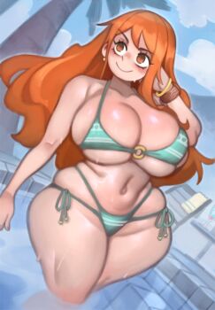 Rule 34 | 1girl, adjusting hair, arm at side, bikini, blue sky, blush, breasts, closed mouth, collarbone, curvy, day, eyelashes, feet out of frame, female focus, green bikini, hand up, huge breasts, kelvin hiu, long hair, looking afar, looking to the side, matching hair/eyes, nami (one piece), navel, one piece, orange eyes, orange hair, outdoors, shiny skin, side-tie bikini bottom, sideways glance, skindentation, sky, smile, solo, standing, swimsuit, thong, thong bikini, water, wide hips