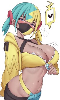 1girl absurdres alternate_breast_size_(larger) aqua_hair bandeau belt black_mask blonde_hair blue_eyes breasts bu_li canari_(pokemon) center-flap_bangs cleavage commentary_request criss-cross_halter crop_top cropped_jacket curly_sidelocks gen_4_pokemon groin halterneck heart highres jacket large_breasts looking_at_viewer mask midriff mouth_mask multicolored_hair navel nintendo pants pokemon pokemon_legends:_z-a rotom rotom_phone short_twintails simple_background solo split-color_hair stomach twintails two-tone_hair two-tone_mask unzipped white_background yellow_bandeau yellow_jacket yellow_mask