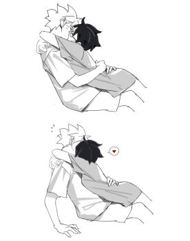 1boy 1girl boruto:_two_blue_vortex cat_(pixiv5891854) closed_eyes commentary_request facial_mark flying_sweatdrops glasses greyscale heart hetero highres hug kiss monochrome naked_shirt naruto_(series) pointy_hair shirt short_hair short_sleeves shorts simple_background uchiha_sarada uzumaki_boruto white_background
