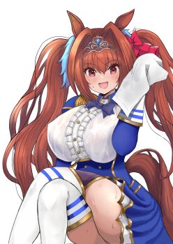 1girl animal_ears blue_jacket blush bow breasts brown_hair center_frills commentary_request crossed_legs daiwa_scarlet_(peak_blue)_(umamusume) daiwa_scarlet_(umamusume) epaulettes fang framed_breasts frills garter_straps hair_intakes highres horse_ears horse_girl horse_tail jacket juliet_sleeves large_breasts layered_legwear layered_skirt long_hair long_sleeves looking_at_viewer open_mouth puffy_sleeves red_eyes shouga_(mede) skirt smile solo sweat tail tiara towel twintails umamusume underbust very_long_hair wet wet_clothes