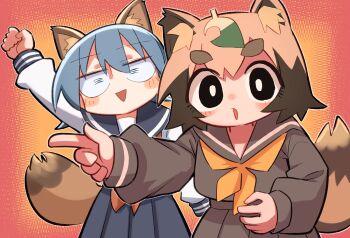 Rule 34 | 2girls, animal ears, arm up, black eyes, black sailor collar, black serafuku, black shirt, black skirt, blue hair, blue sailor collar, blue skirt, blush stickers, borrowed character, bright pupils, brown hair, commentary request, fuwaku wakuko, grief loss, highres, kemonomimi mode, leaf, leaf on head, multiple girls, neckerchief, orange background, orange neckerchief, original, pleated skirt, raccoon ears, raccoon tail, sailor collar, school uniform, serafuku, shirt, skirt, tail, thick eyebrows, white pupils, white shirt
