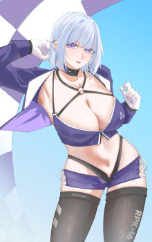 1girl absurdres alternate_breast_size_(larger) black_panties black_thighhighs blue_jacket breasts choker cleavage commentary criss-cross_halter crop_top elloinoire english_commentary girls&#039;_frontline gloves grey_hair halterneck highleg highleg_panties highres huge_breasts jacket long_sleeves microskirt midriff navel o-ring o-ring_top panties purple_eyes race_queen rpk-16_(girls&#039;_frontline) short_hair side-tie_skirt skirt smile thighhighs underwear unusually_open_eyes white_gloves