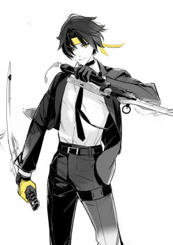Rule 34 | 1boy, alternate costume, asaba harumasa, asymmetrical gloves, belt, black gloves, black hair, black jacket, black necktie, black pants, bow (weapon), closed mouth, cowboy shot, gloves, hand up, hashtag-only commentary, holding, holding bow (weapon), holding sword, holding weapon, jacket, looking at viewer, male focus, mismatched gloves, necktie, open clothes, pants, parted bangs, shirt, shirt tucked in, short hair, simple background, smile, solo, sword, takashina yuu, weapon, white background, white shirt, yellow eyes, yellow gloves, zenless zone zero